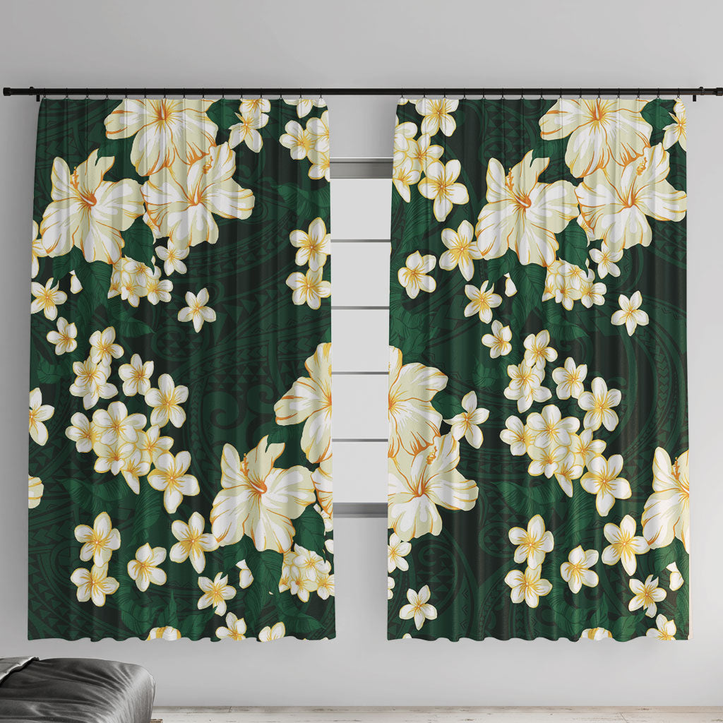 Hawaii Hibiscus Plumeria Green Window Curtain Polynesian Pattern LT01 With Hooks Green - Polynesian Pride