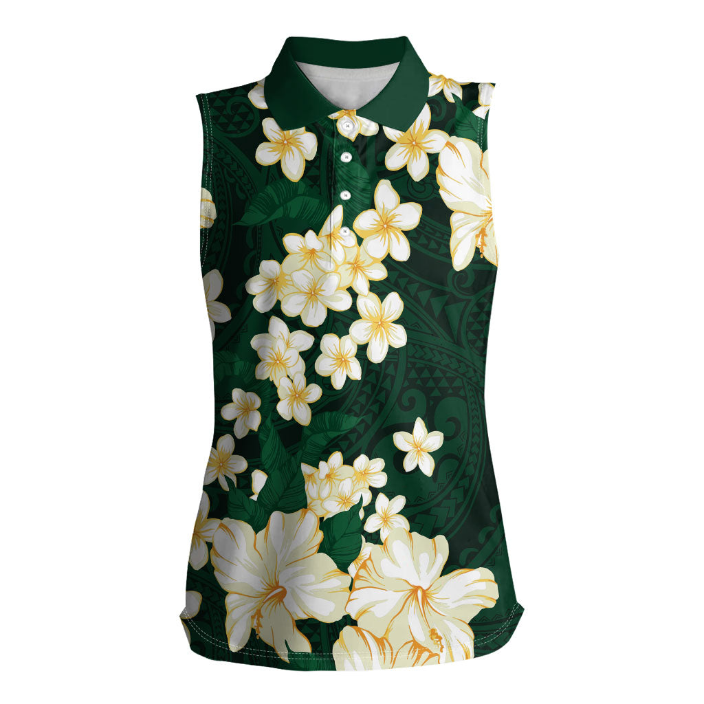 Hawaii Hibiscus Plumeria Green Women Sleeveless Polo Shirt Polynesian Pattern LT01 Female Green - Polynesian Pride