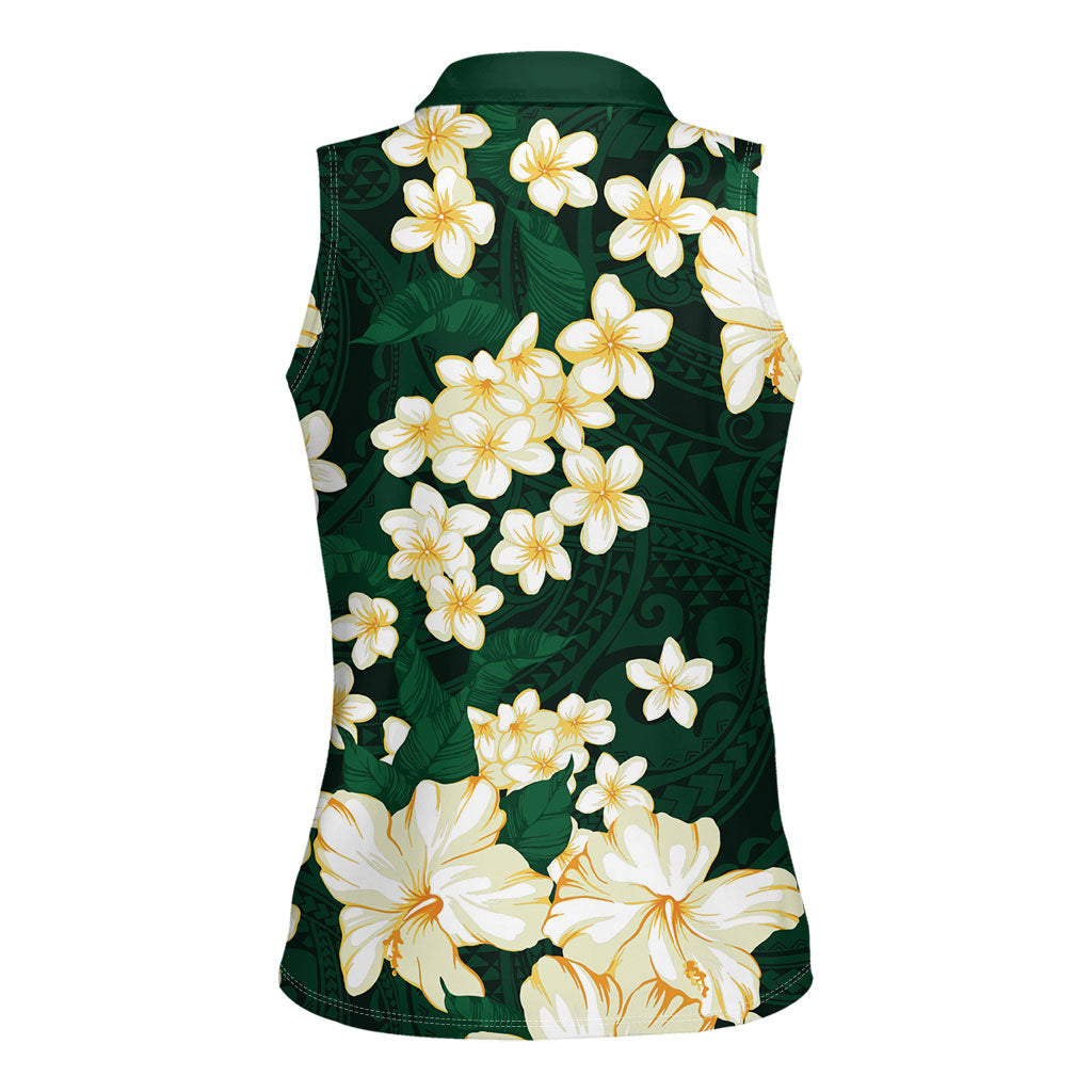 Hawaii Hibiscus Plumeria Green Women Sleeveless Polo Shirt Polynesian Pattern LT01 - Polynesian Pride