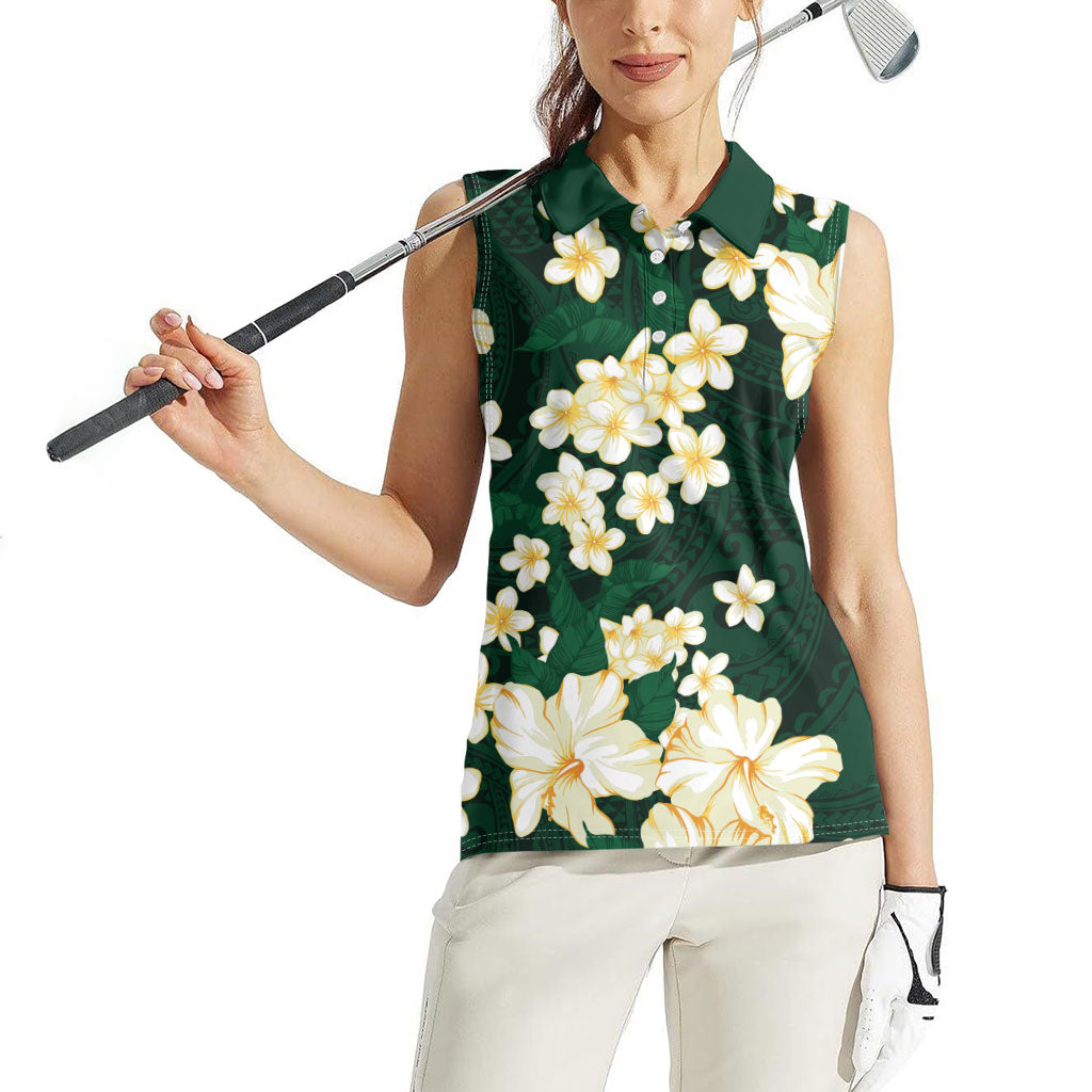 Hawaii Hibiscus Plumeria Green Women Sleeveless Polo Shirt Polynesian Pattern LT01 - Polynesian Pride