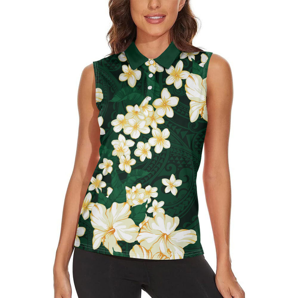 Hawaii Hibiscus Plumeria Green Women Sleeveless Polo Shirt Polynesian Pattern LT01 - Polynesian Pride