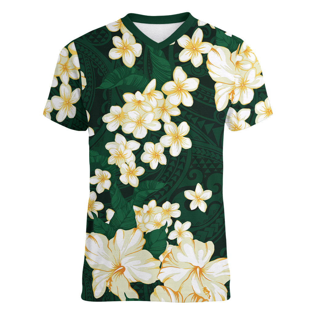 Hawaii Hibiscus Plumeria Green Women V-Neck T-Shirt Polynesian Pattern LT01 Female Green - Polynesian Pride