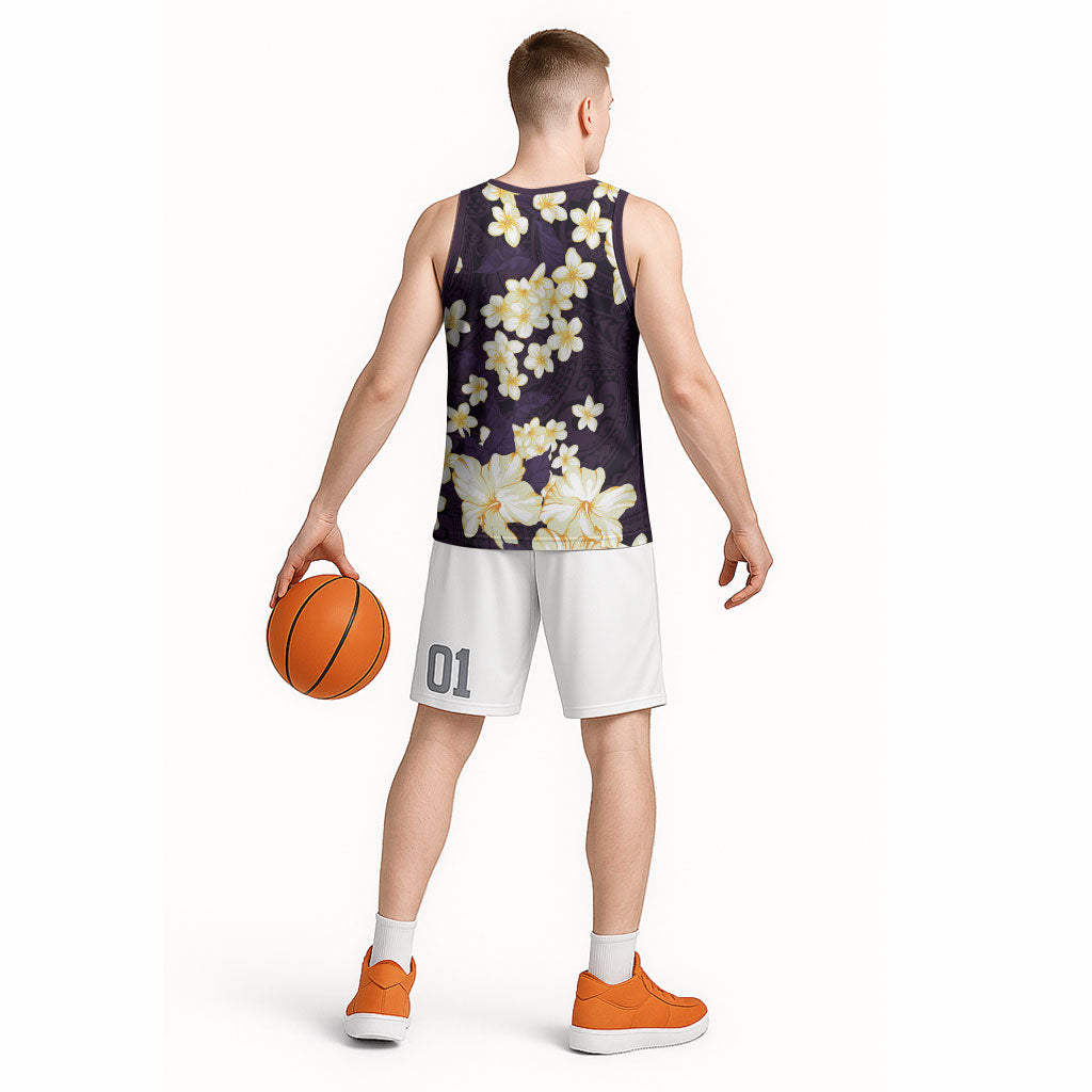 Hawaii Hibiscus Plumeria Purple Basketball Jersey Polynesian Pattern LT01 - Polynesian Pride