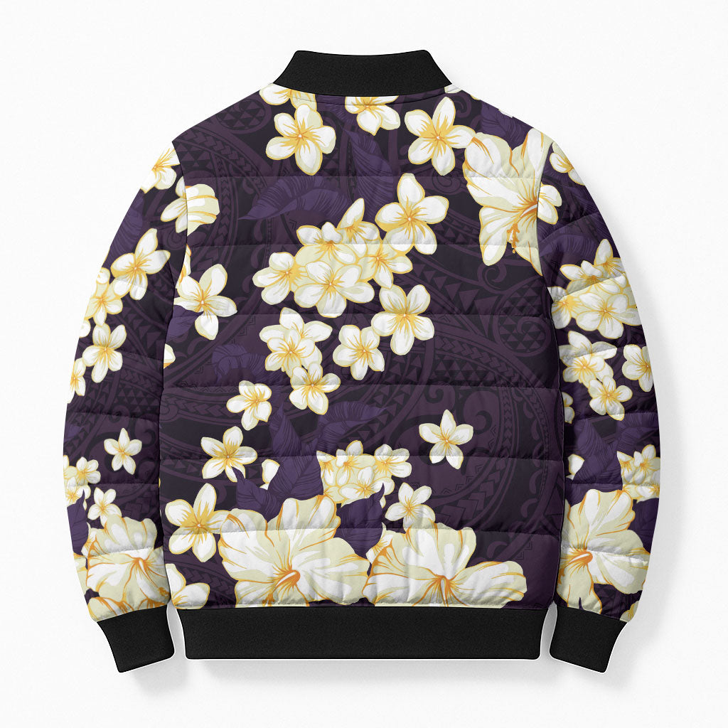 Hawaii Hibiscus Plumeria Purple Bomber Puffer Jacket Polynesian Pattern LT01 - Polynesian Pride