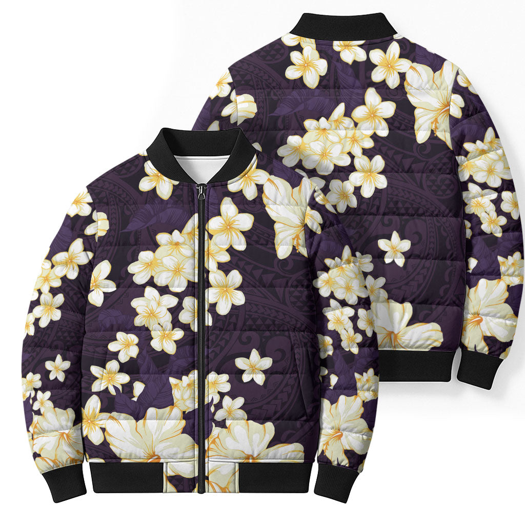 Hawaii Hibiscus Plumeria Purple Bomber Puffer Jacket Polynesian Pattern LT01 - Polynesian Pride