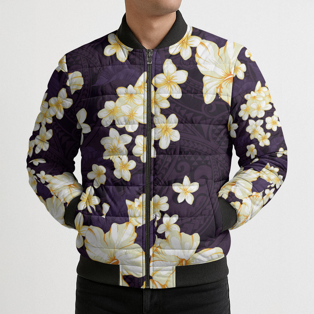 Hawaii Hibiscus Plumeria Purple Bomber Puffer Jacket Polynesian Pattern LT01 - Polynesian Pride