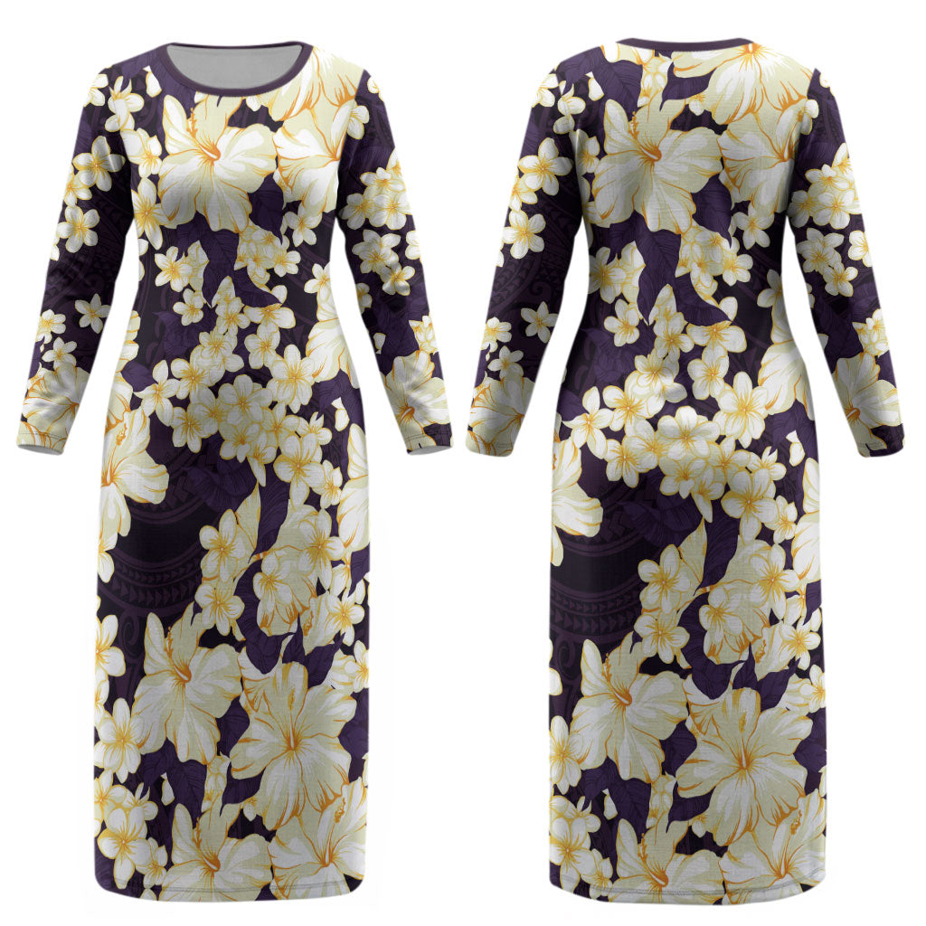Hawaii Hibiscus Plumeria Purple Couples Matching Long Sleeve Bodycon Dress and Hawaiian Shirt Polynesian Pattern LT01 - Polynesian Pride