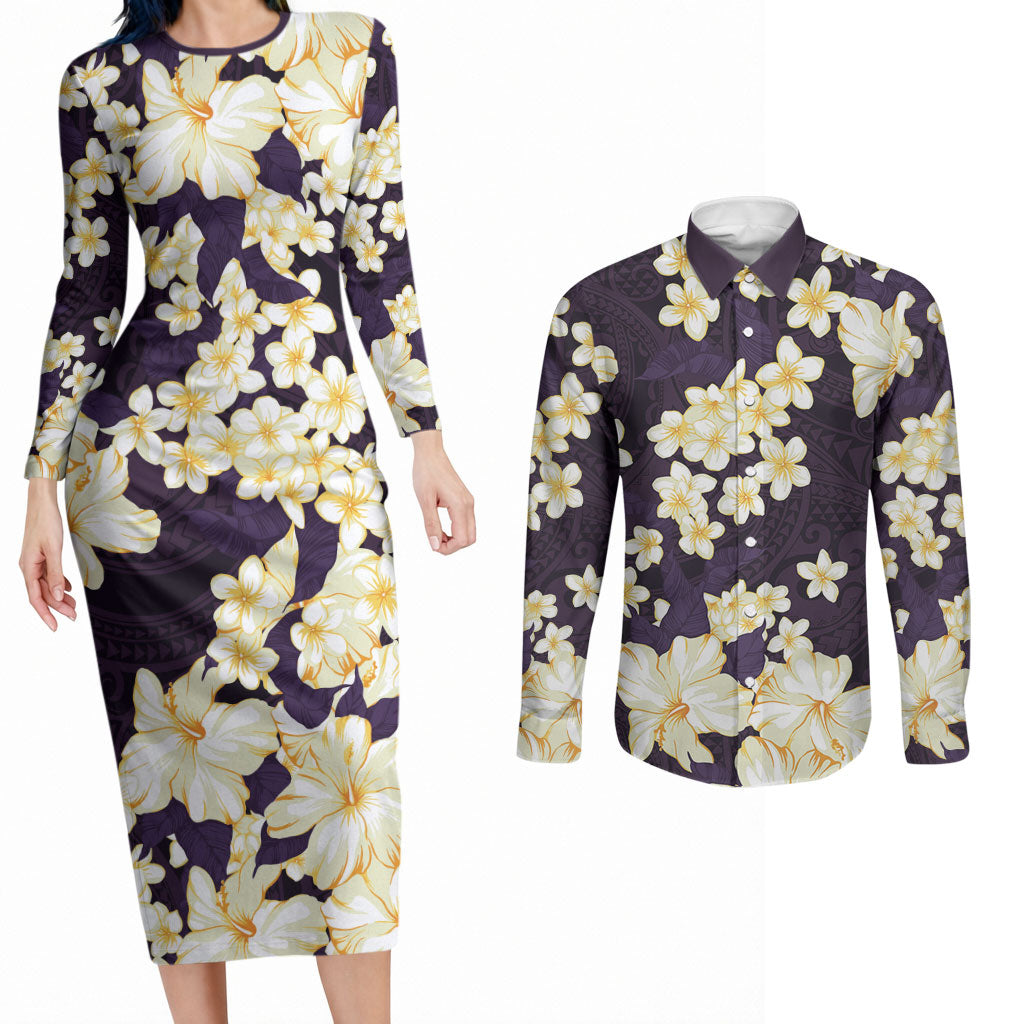 Hawaii Hibiscus Plumeria Purple Couples Matching Long Sleeve Bodycon Dress and Long Sleeve Button Shirt Polynesian Pattern LT01 Purple - Polynesian Pride