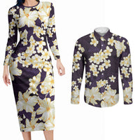 Hawaii Hibiscus Plumeria Purple Couples Matching Long Sleeve Bodycon Dress and Long Sleeve Button Shirt Polynesian Pattern LT01 Purple - Polynesian Pride