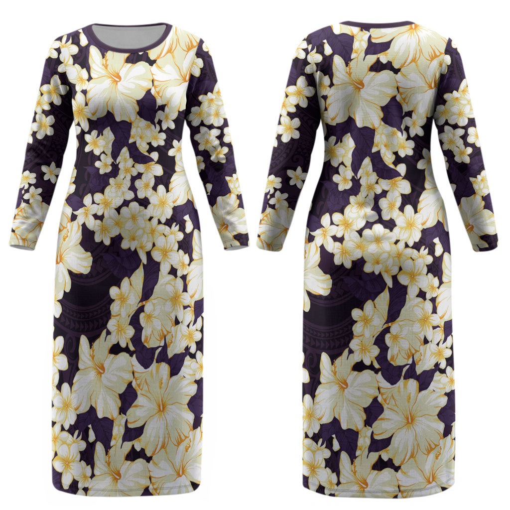 Hawaii Hibiscus Plumeria Purple Couples Matching Long Sleeve Bodycon Dress and Long Sleeve Button Shirt Polynesian Pattern LT01 - Polynesian Pride