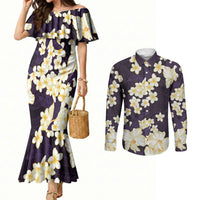 Hawaii Hibiscus Plumeria Purple Couples Matching Mermaid Dress and Long Sleeve Button Shirt Polynesian Pattern LT01 Purple - Polynesian Pride