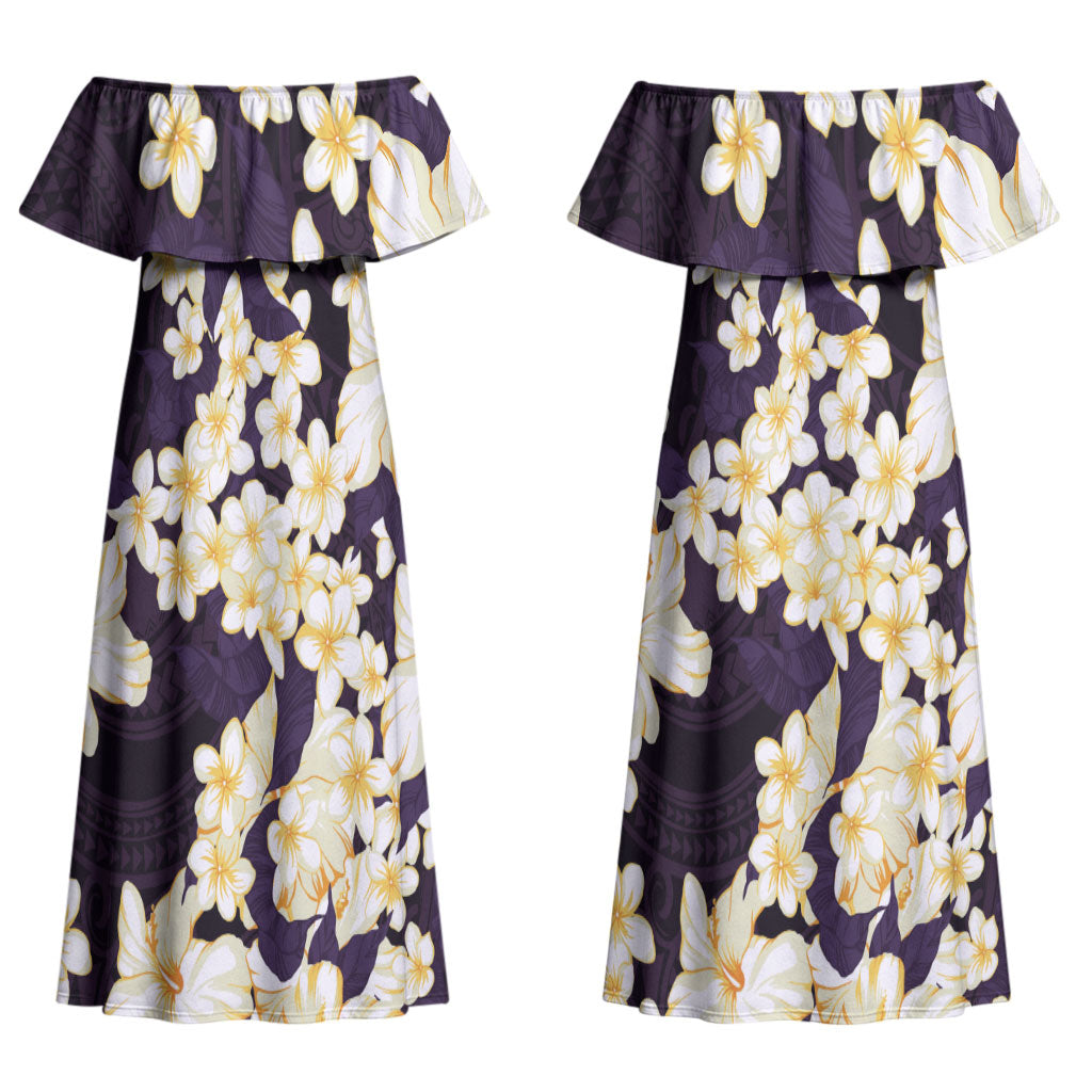 Hawaii Hibiscus Plumeria Purple Couples Matching Off Shoulder Maxi Dress and Long Sleeve Button Shirt Polynesian Pattern LT01 - Polynesian Pride