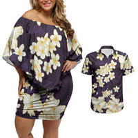 Hawaii Hibiscus Plumeria Purple Couples Matching Off Shoulder Short Dress and Hawaiian Shirt Polynesian Pattern LT01 Purple - Polynesian Pride