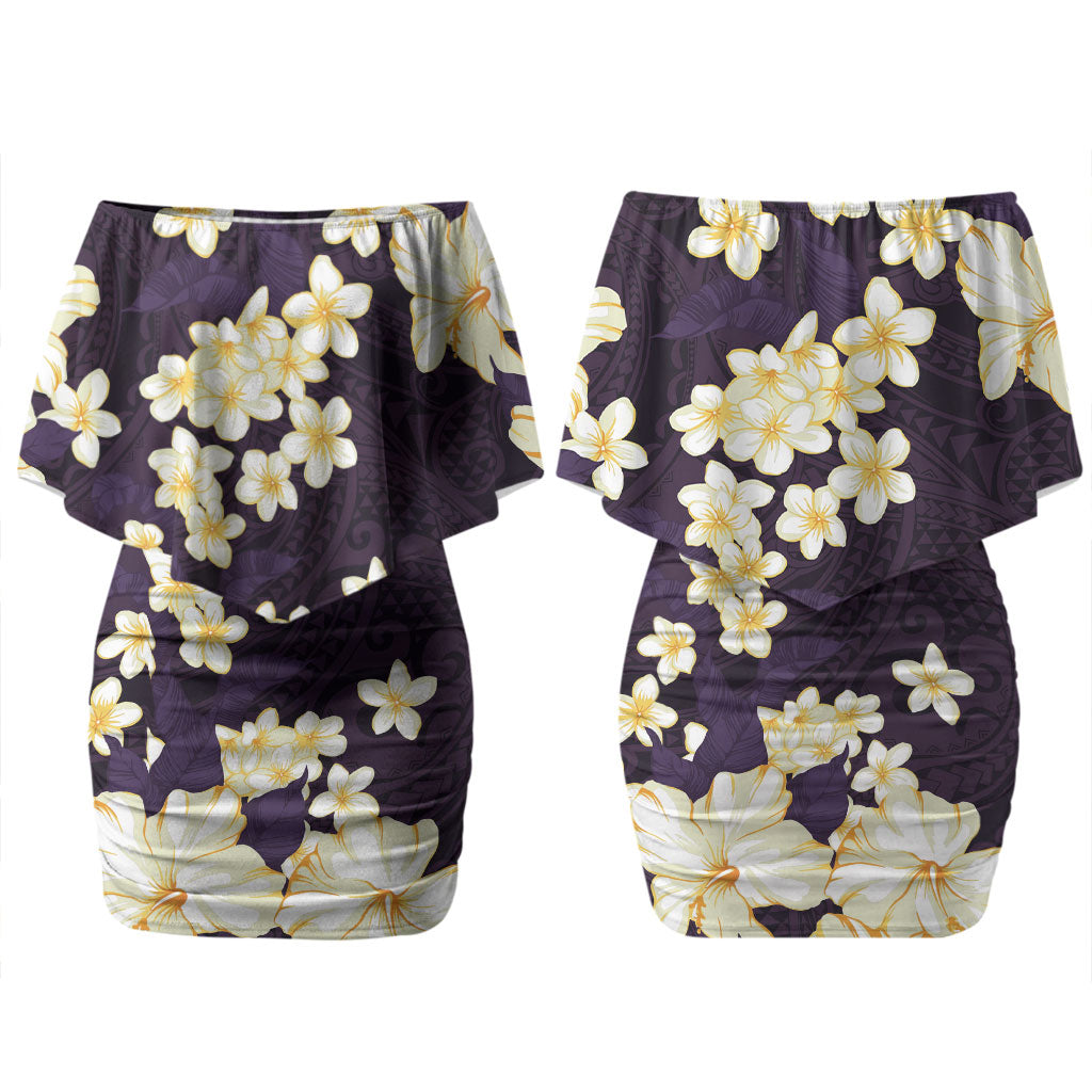 Hawaii Hibiscus Plumeria Purple Couples Matching Off Shoulder Short Dress and Hawaiian Shirt Polynesian Pattern LT01 - Polynesian Pride