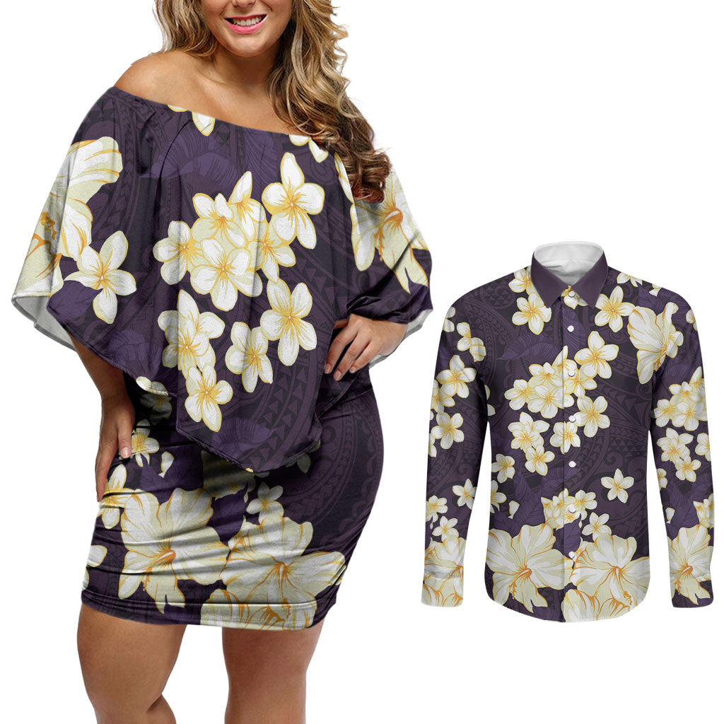 Hawaii Hibiscus Plumeria Purple Couples Matching Off Shoulder Short Dress and Long Sleeve Button Shirt Polynesian Pattern LT01 Purple - Polynesian Pride