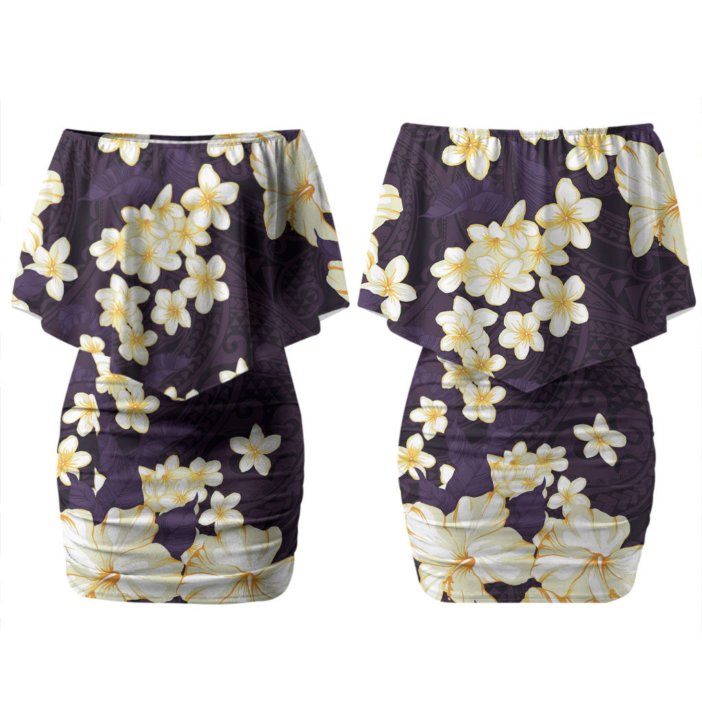 Hawaii Hibiscus Plumeria Purple Couples Matching Off Shoulder Short Dress and Long Sleeve Button Shirt Polynesian Pattern LT01 - Polynesian Pride