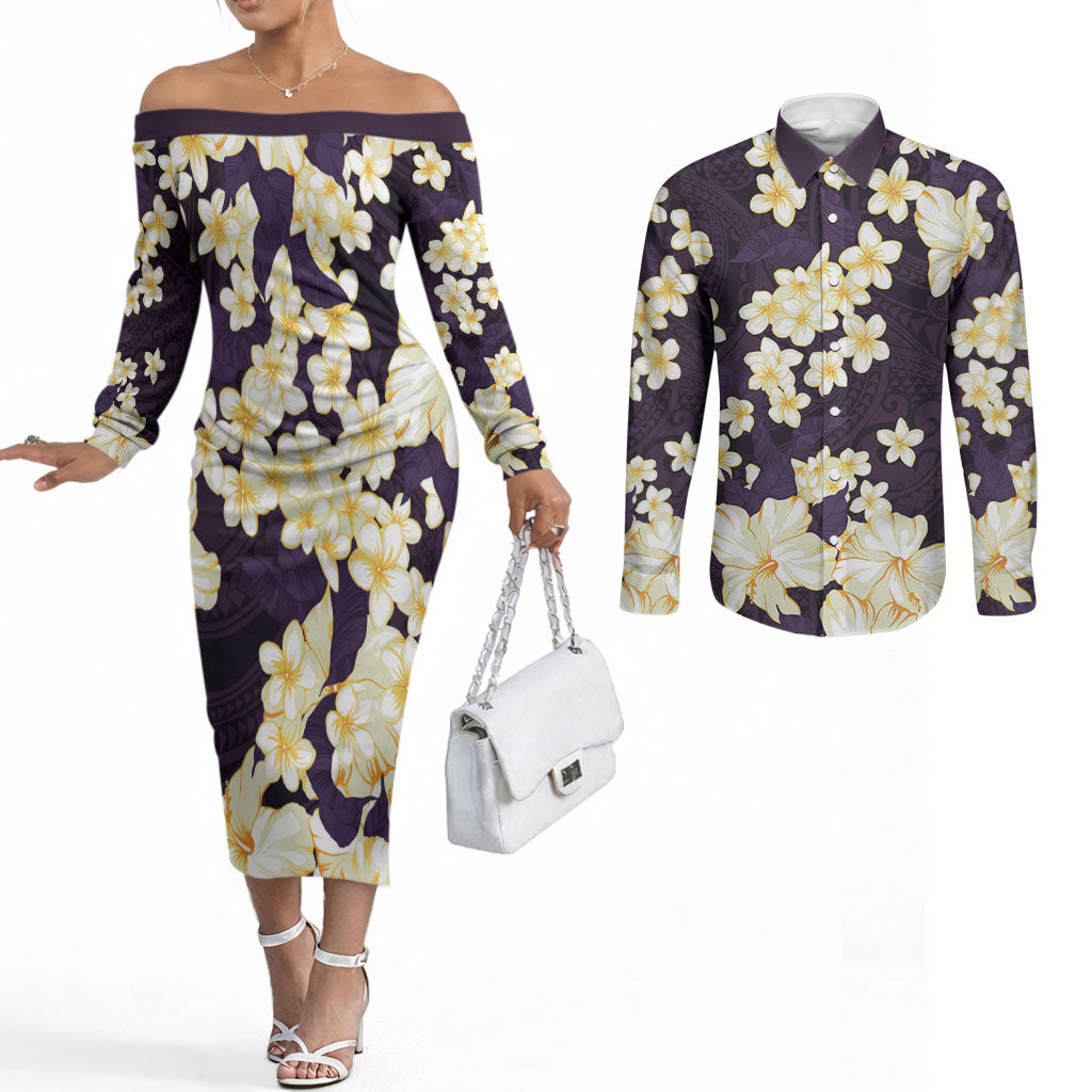 Hawaii Hibiscus Plumeria Purple Couples Matching Off The Shoulder Long Sleeve Dress and Long Sleeve Button Shirt Polynesian Pattern LT01 Purple - Polynesian Pride
