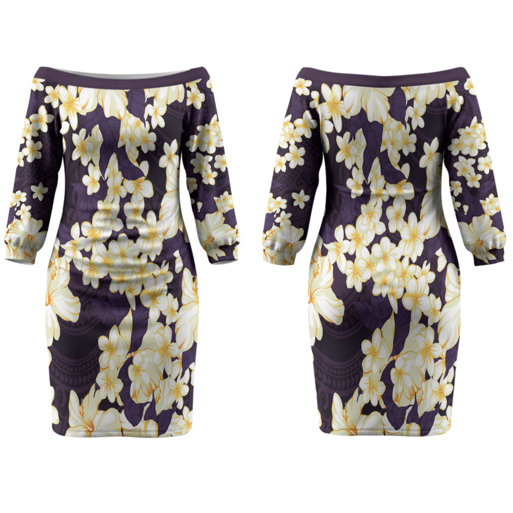 Hawaii Hibiscus Plumeria Purple Couples Matching Off The Shoulder Long Sleeve Dress and Long Sleeve Button Shirt Polynesian Pattern LT01 - Polynesian Pride