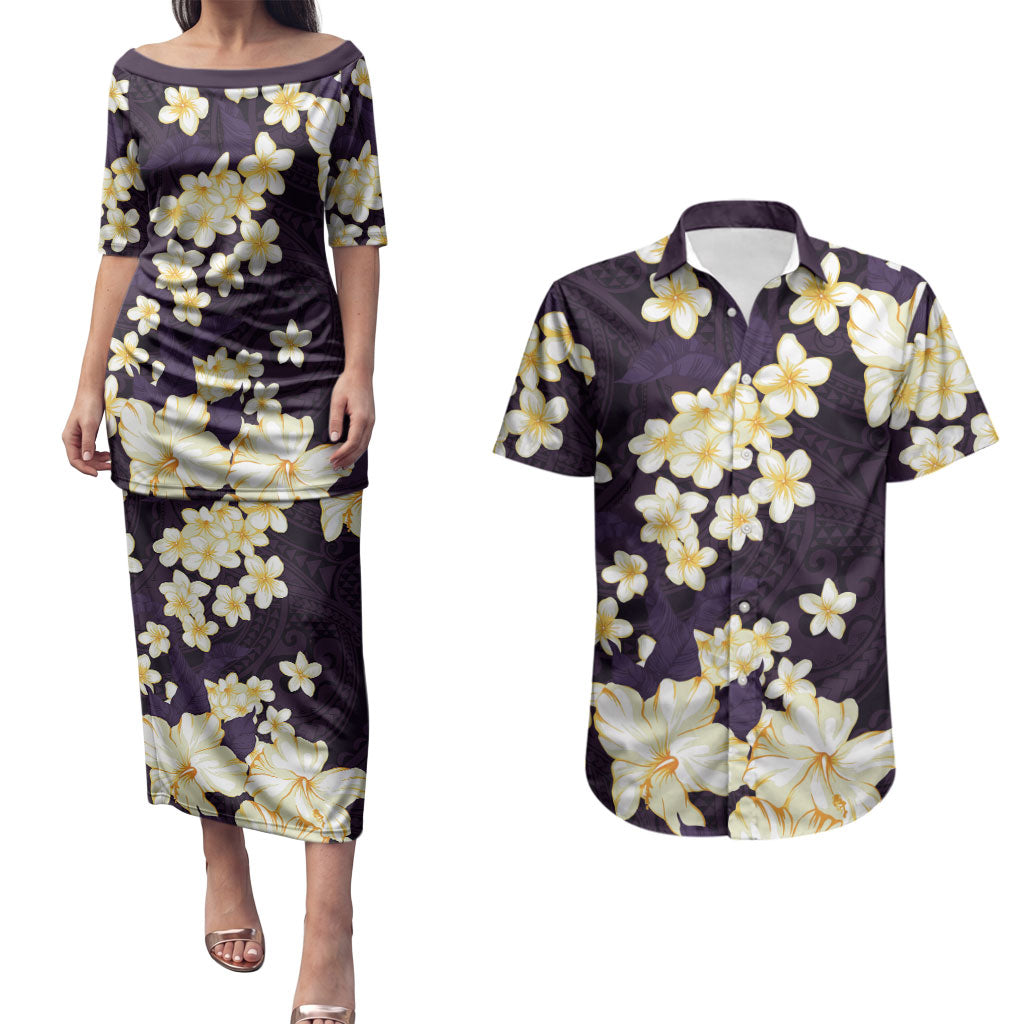 Hawaii Hibiscus Plumeria Purple Couples Matching Puletasi and Hawaiian Shirt Polynesian Pattern LT01 Purple - Polynesian Pride