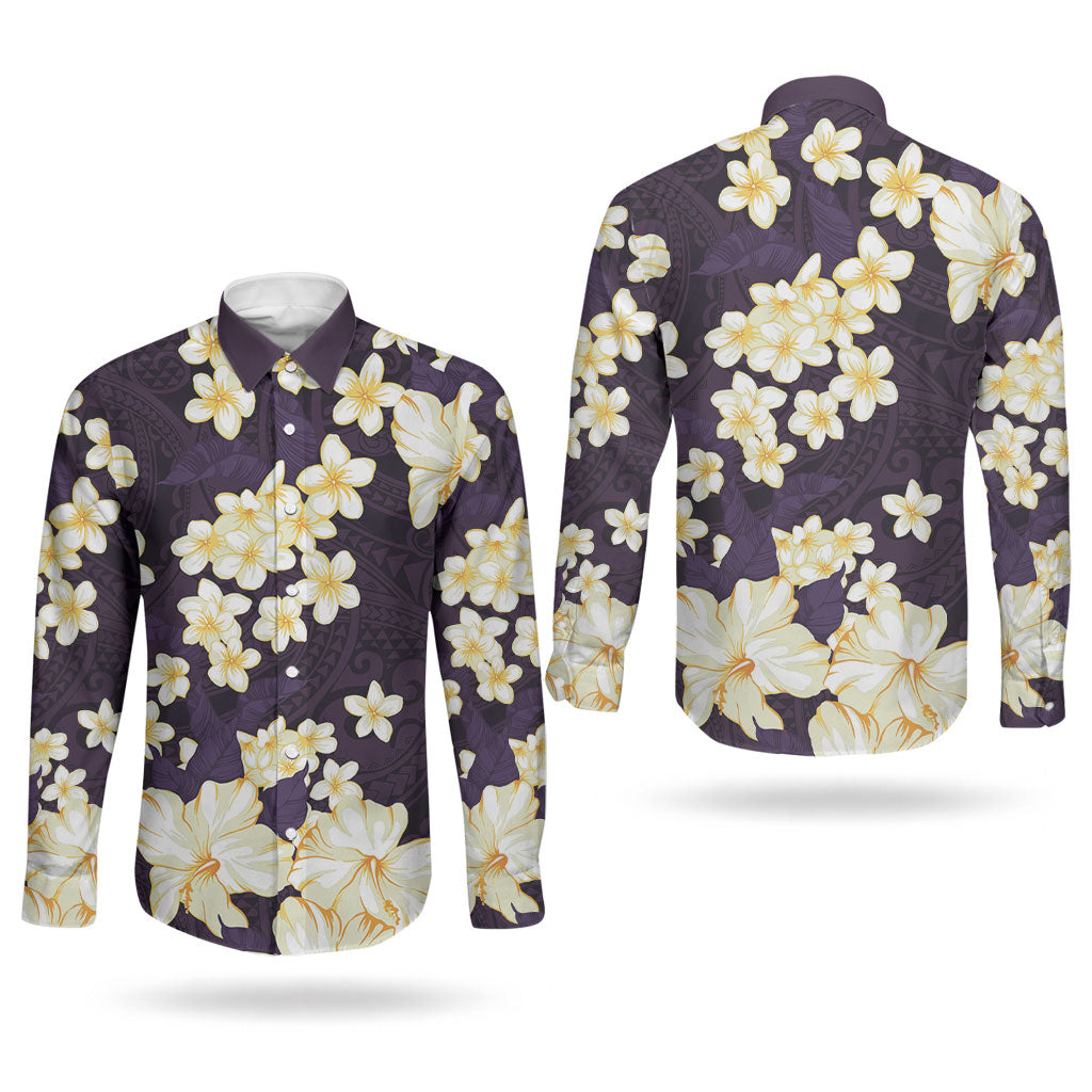 Hawaii Hibiscus Plumeria Purple Couples Matching Puletasi and Long Sleeve Button Shirt Polynesian Pattern LT01 - Polynesian Pride