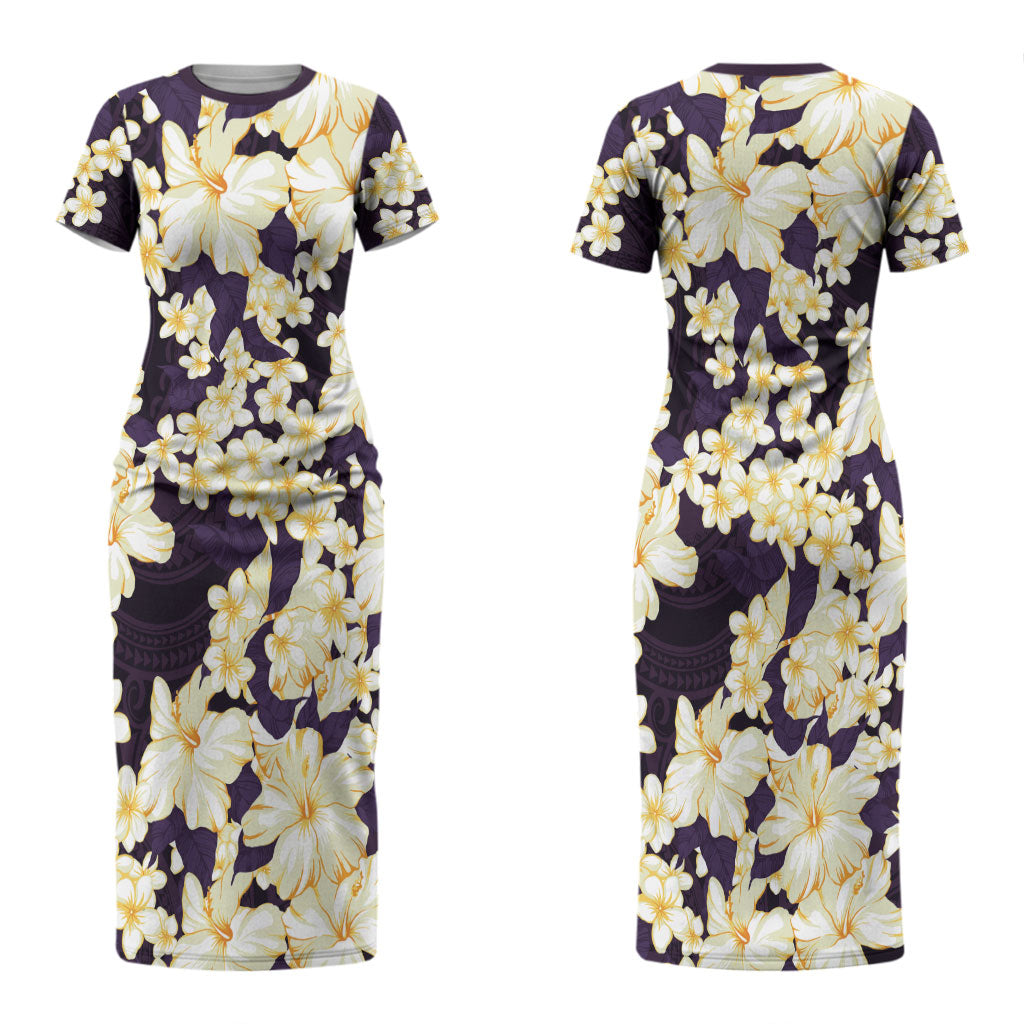 Hawaii Hibiscus Plumeria Purple Couples Matching Short Sleeve Bodycon Dress and Hawaiian Shirt Polynesian Pattern LT01 - Polynesian Pride