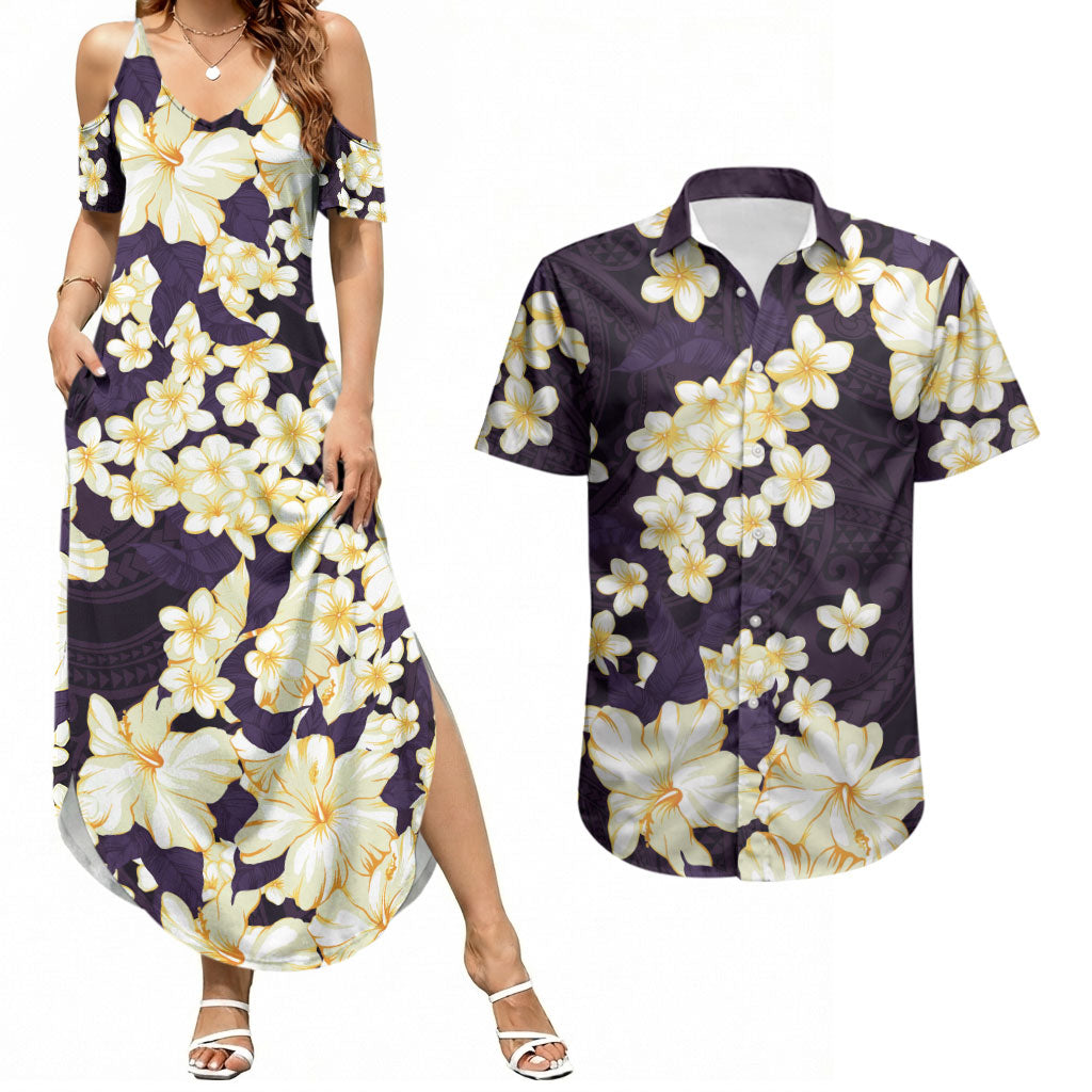 Hawaii Hibiscus Plumeria Purple Couples Matching Summer Maxi Dress and Hawaiian Shirt Polynesian Pattern LT01 Purple - Polynesian Pride