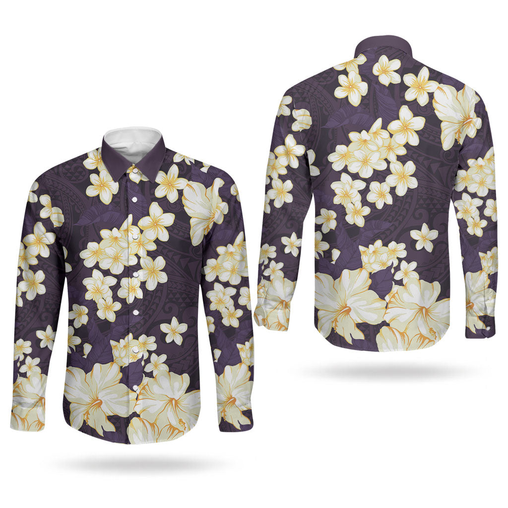Hawaii Hibiscus Plumeria Purple Couples Matching Summer Maxi Dress and Long Sleeve Button Shirt Polynesian Pattern LT01 - Polynesian Pride