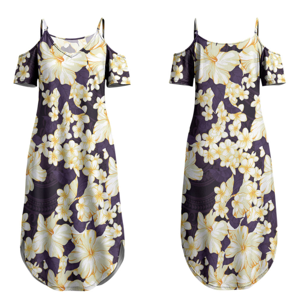 Hawaii Hibiscus Plumeria Purple Couples Matching Summer Maxi Dress and Long Sleeve Button Shirt Polynesian Pattern LT01 - Polynesian Pride