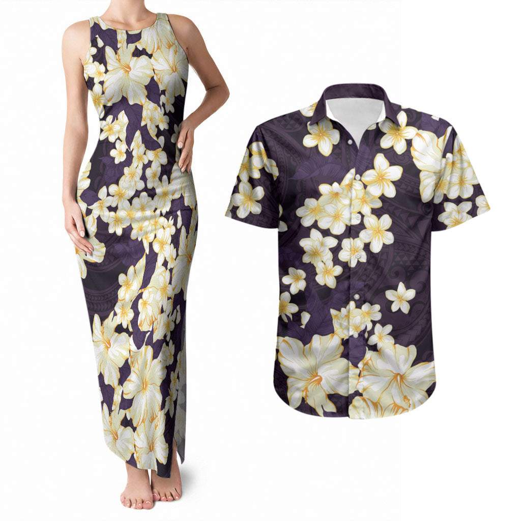 Hawaii Hibiscus Plumeria Purple Couples Matching Tank Maxi Dress and Hawaiian Shirt Polynesian Pattern LT01 Purple - Polynesian Pride