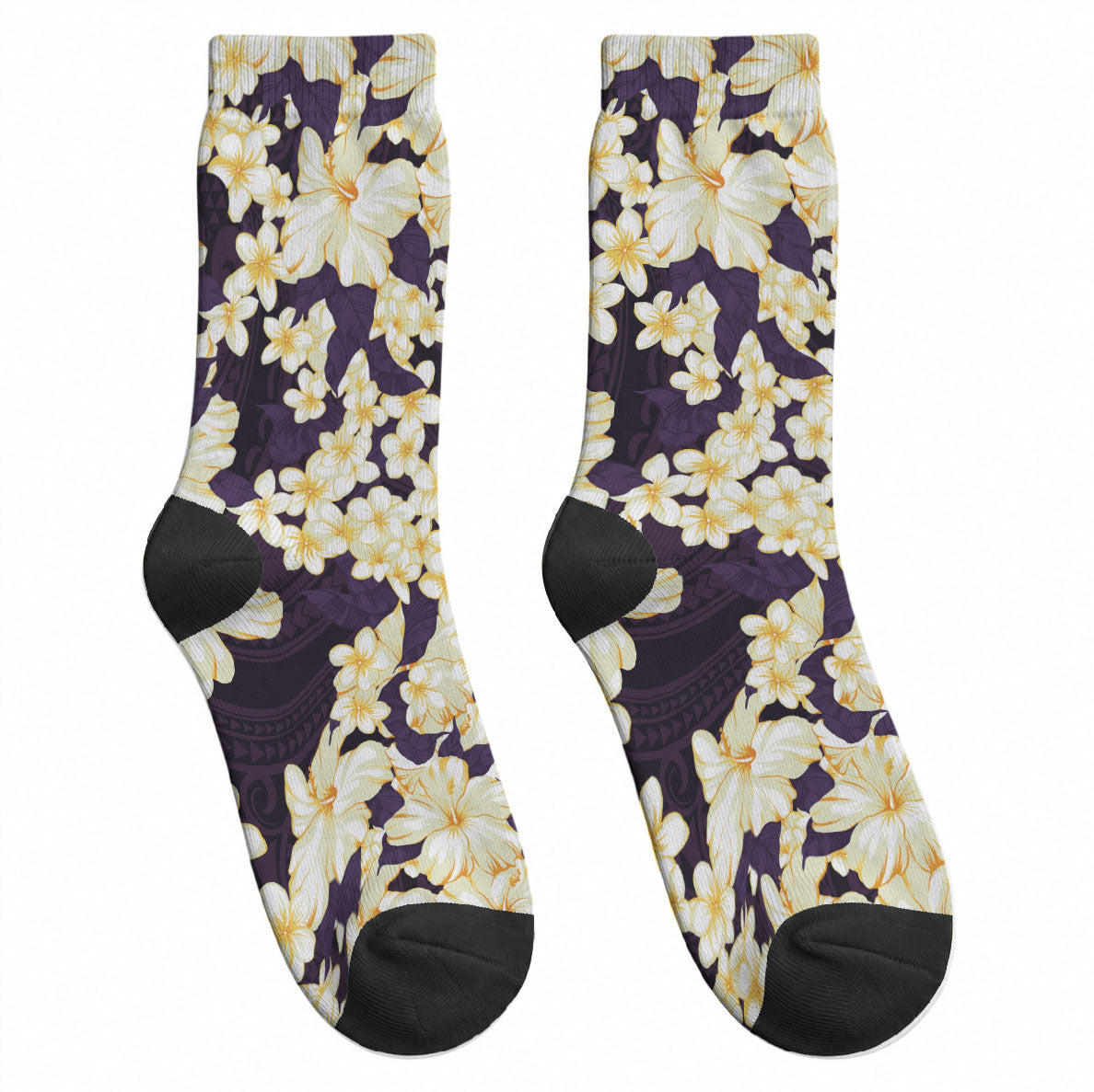 Hawaii Hibiscus Plumeria Purple Crew Socks Polynesian Pattern LT01 - Polynesian Pride