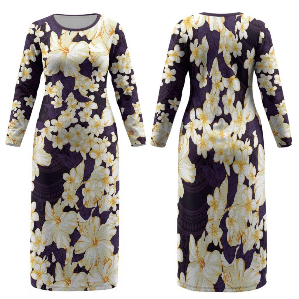 Hawaii Hibiscus Plumeria Purple Family Matching Long Sleeve Bodycon Dress and Hawaiian Shirt Polynesian Pattern LT01 Mom's Dress Purple - Polynesian Pride