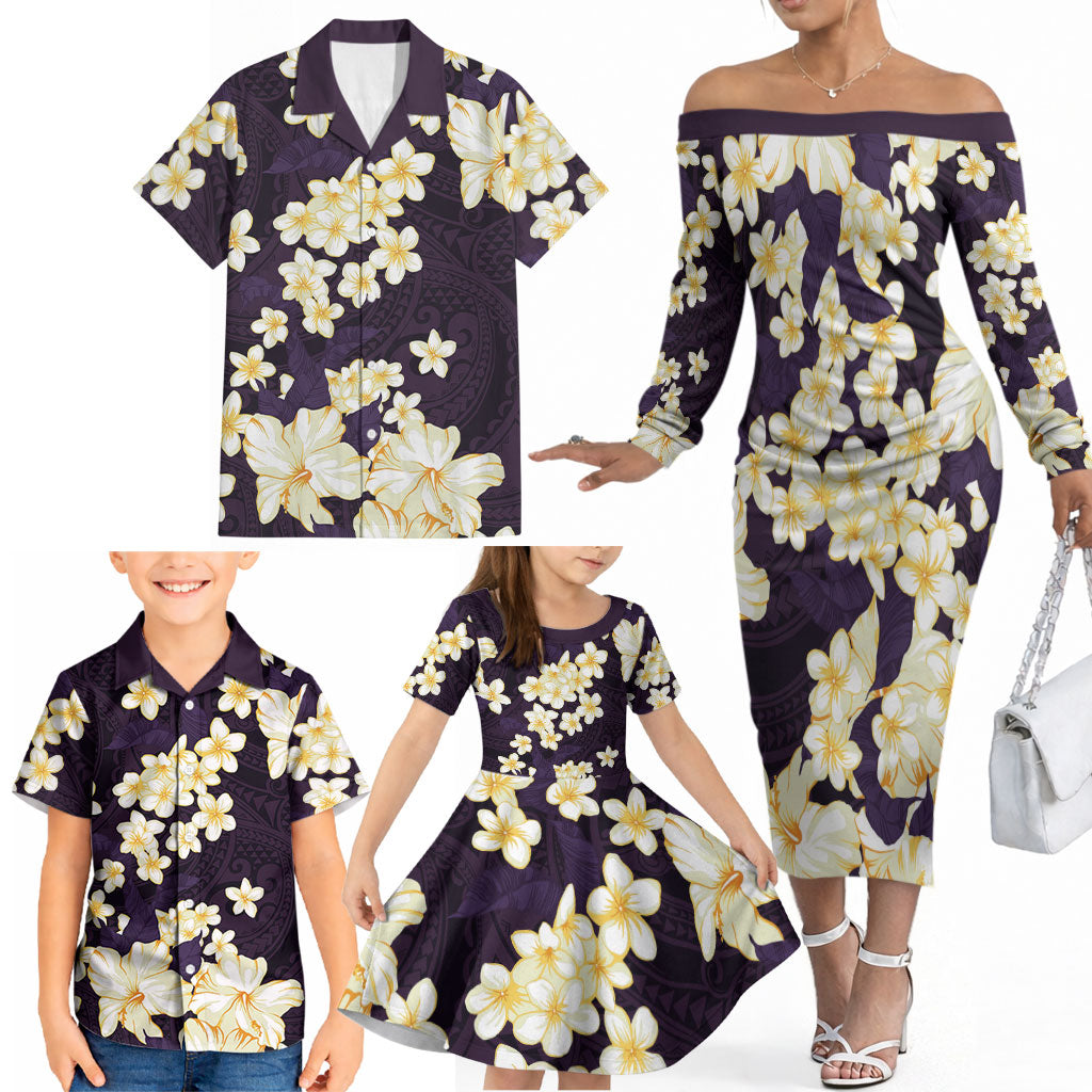 Hawaii Hibiscus Plumeria Purple Family Matching Off The Shoulder Long Sleeve Dress and Hawaiian Shirt Polynesian Pattern LT01 - Polynesian Pride