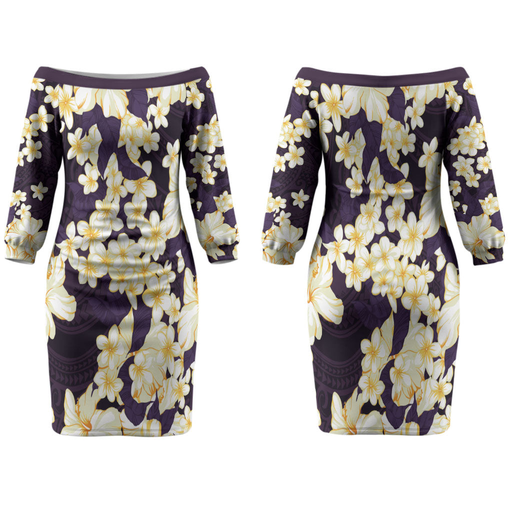 Hawaii Hibiscus Plumeria Purple Family Matching Off The Shoulder Long Sleeve Dress and Hawaiian Shirt Polynesian Pattern LT01 Mom's Dress Purple - Polynesian Pride