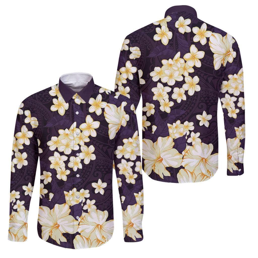 Hawaii Hibiscus Plumeria Purple Family Matching Off The Shoulder Long Sleeve Dress and Hawaiian Shirt Polynesian Pattern LT01 Dad's Shirt - Long Sleeve Purple - Polynesian Pride