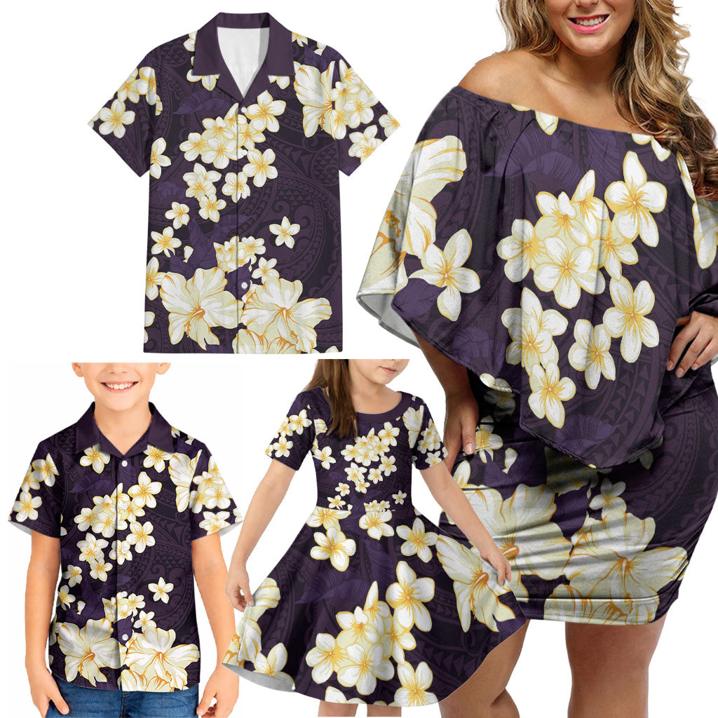Hawaii Hibiscus Plumeria Purple Family Matching Off Shoulder Short Dress and Hawaiian Shirt Polynesian Pattern LT01 - Polynesian Pride