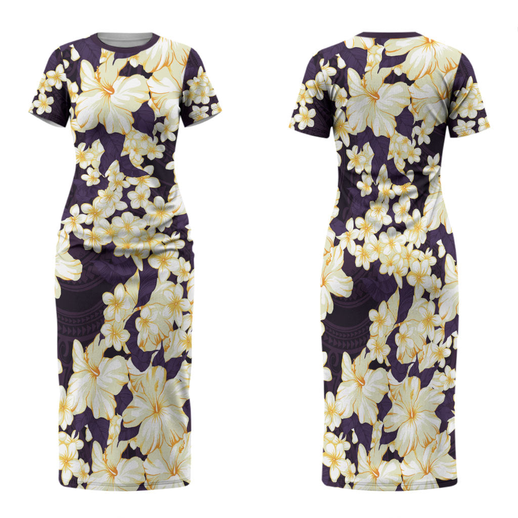 Hawaii Hibiscus Plumeria Purple Family Matching Short Sleeve Bodycon Dress and Hawaiian Shirt Polynesian Pattern LT01 Mom's Dress Purple - Polynesian Pride