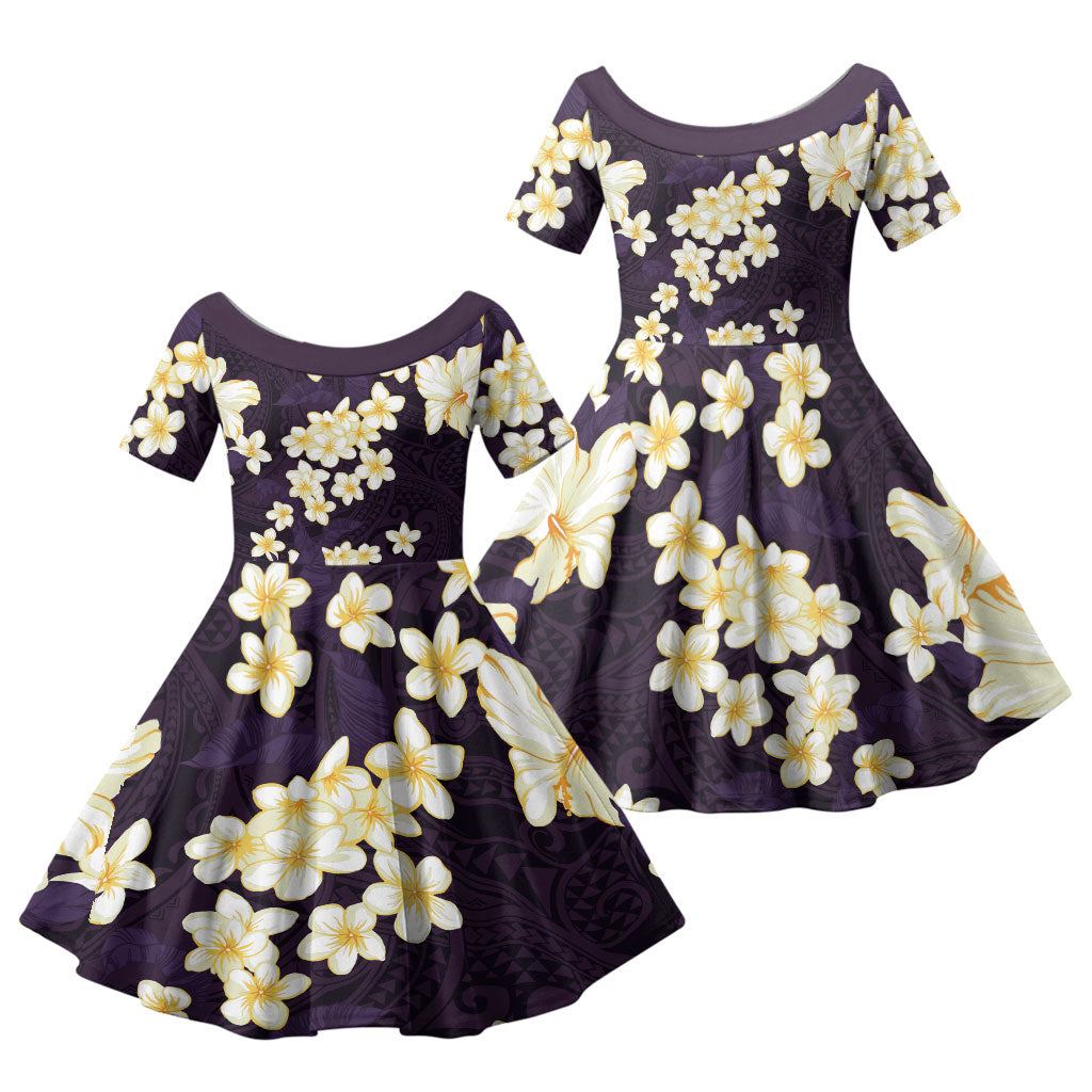Hawaii Hibiscus Plumeria Purple Family Matching Short Sleeve Bodycon Dress and Hawaiian Shirt Polynesian Pattern LT01 Daughter's Dress Purple - Polynesian Pride