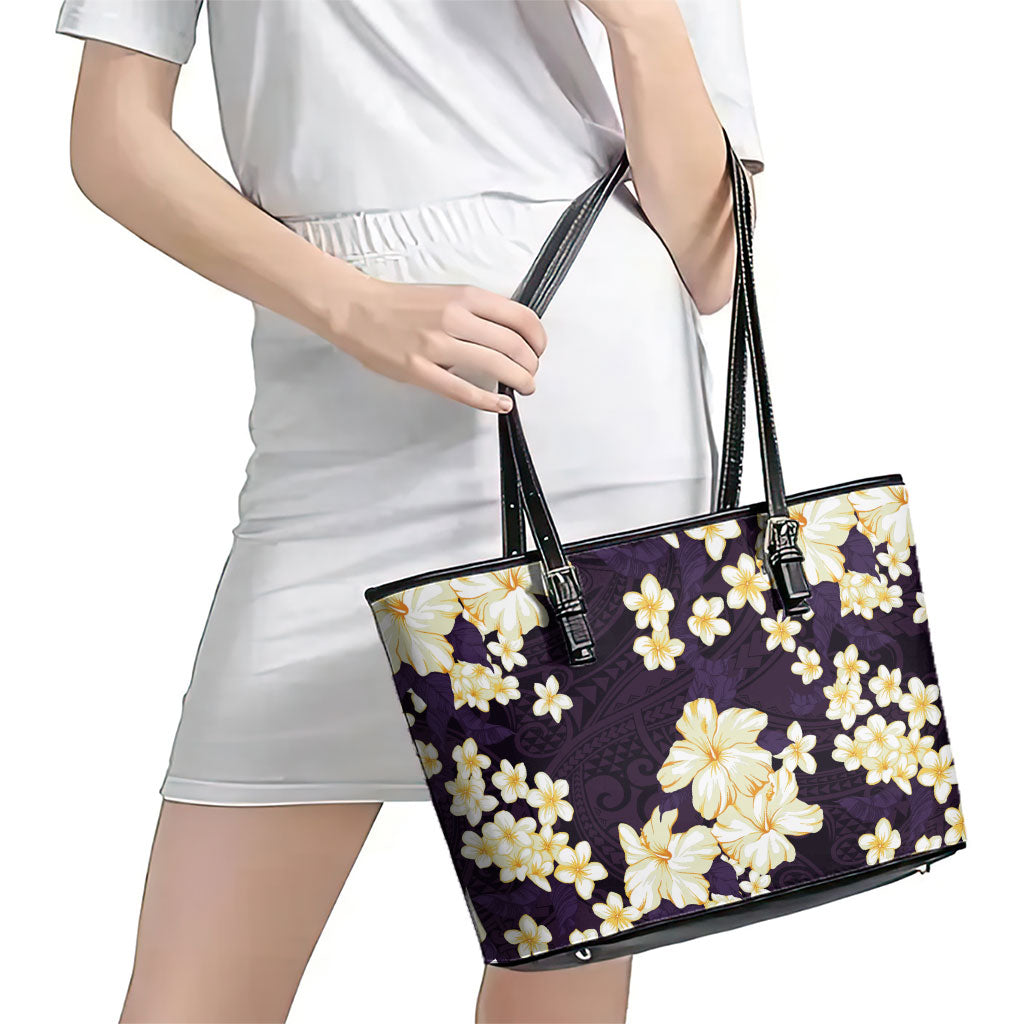 Hawaii Hibiscus Plumeria Purple Leather Tote Bag Polynesian Pattern LT01 - Polynesian Pride