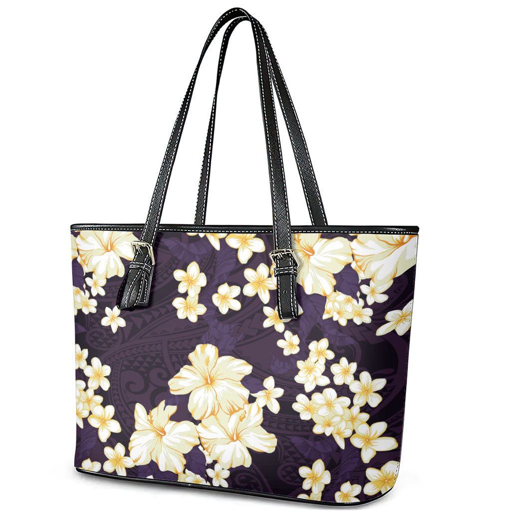 Hawaii Hibiscus Plumeria Purple Leather Tote Bag Polynesian Pattern LT01 - Polynesian Pride