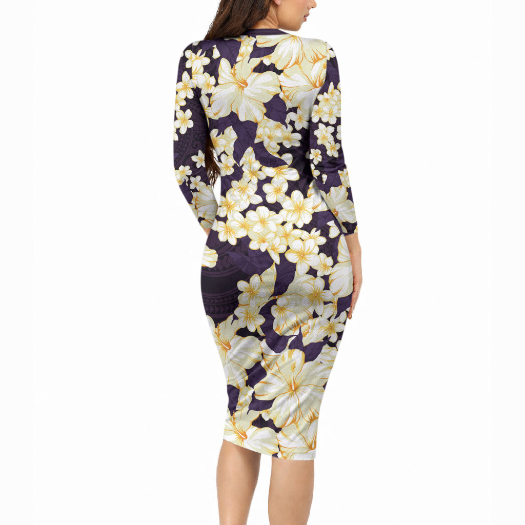 Hawaii Hibiscus Plumeria Purple Long Sleeve Bodycon Dress Polynesian Pattern LT01 - Polynesian Pride