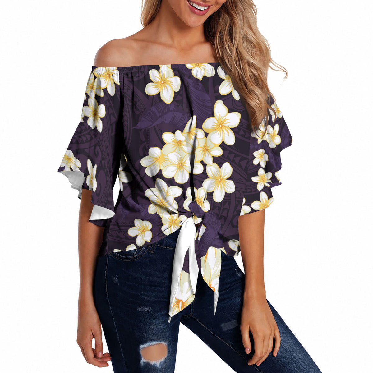 Hawaii Hibiscus Plumeria Purple Off Shoulder Wrap Waist Top Polynesian Pattern LT01 Purple - Polynesian Pride