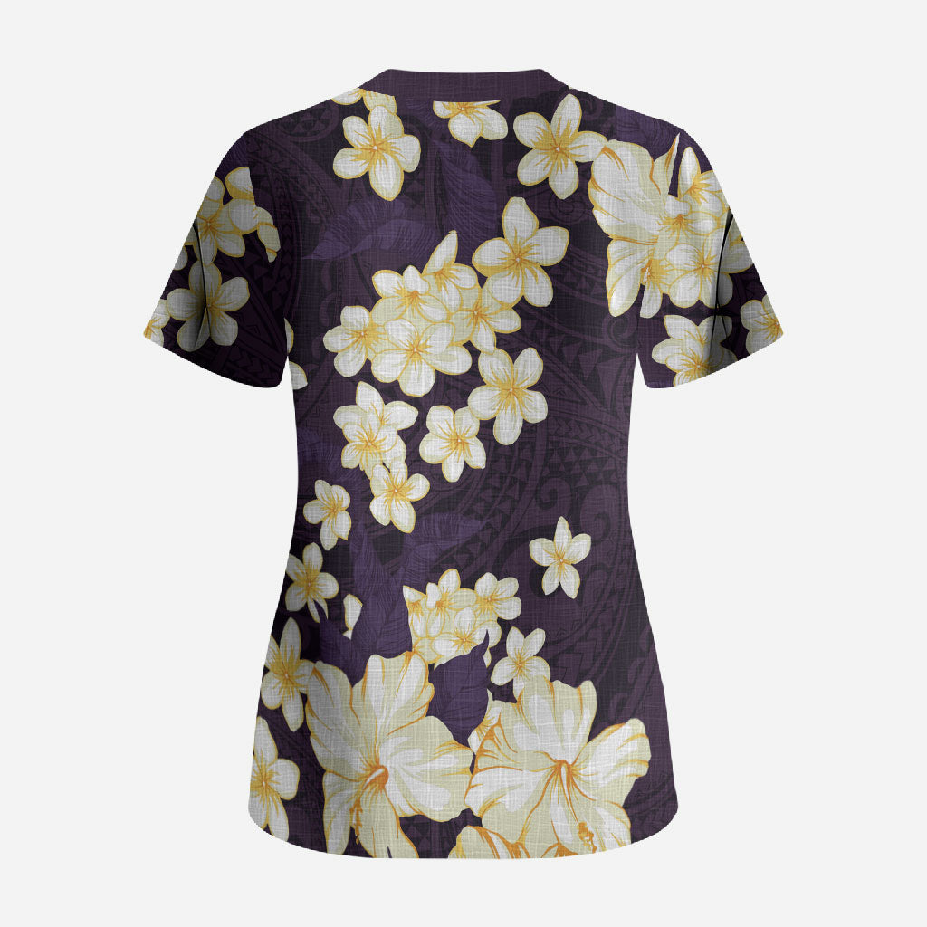 Hawaii Hibiscus Plumeria Purple Scrub Top Polynesian Pattern LT01 - Polynesian Pride