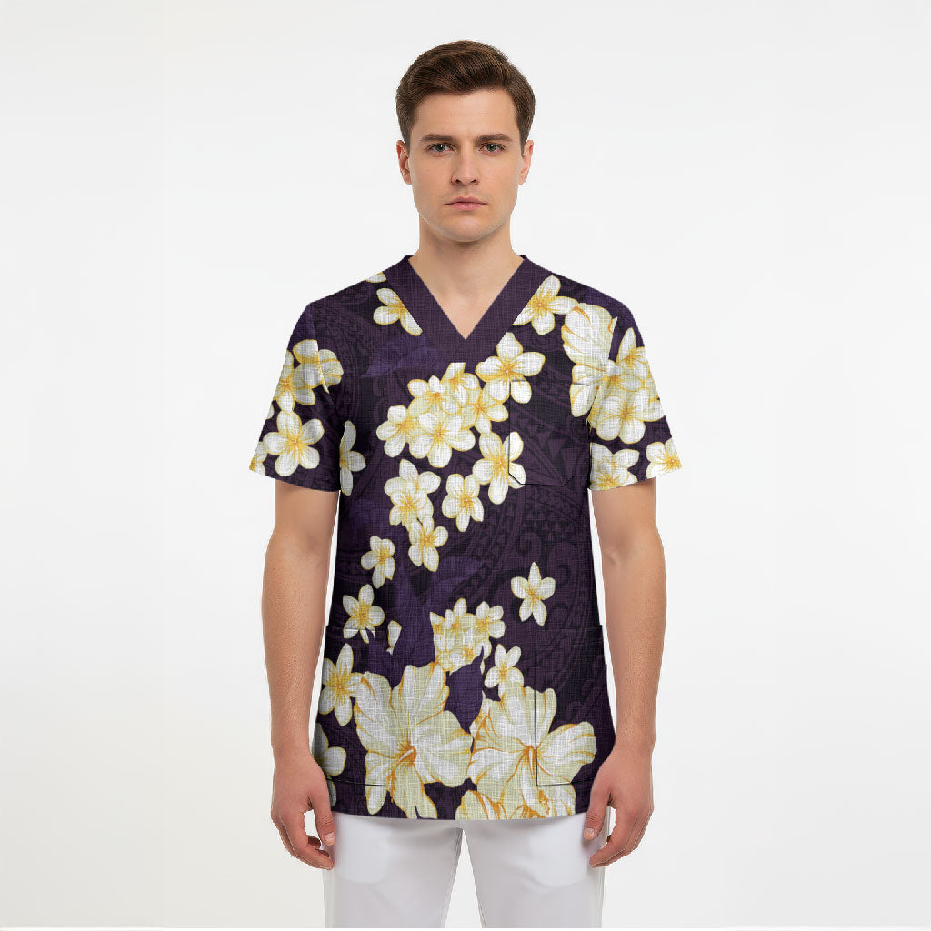 Hawaii Hibiscus Plumeria Purple Scrub Top Polynesian Pattern LT01 - Polynesian Pride
