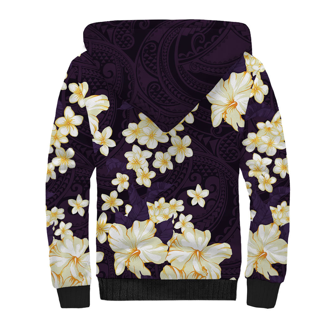 Hawaii Hibiscus Plumeria Purple Sherpa Hoodie Polynesian Pattern LT01 - Polynesian Pride