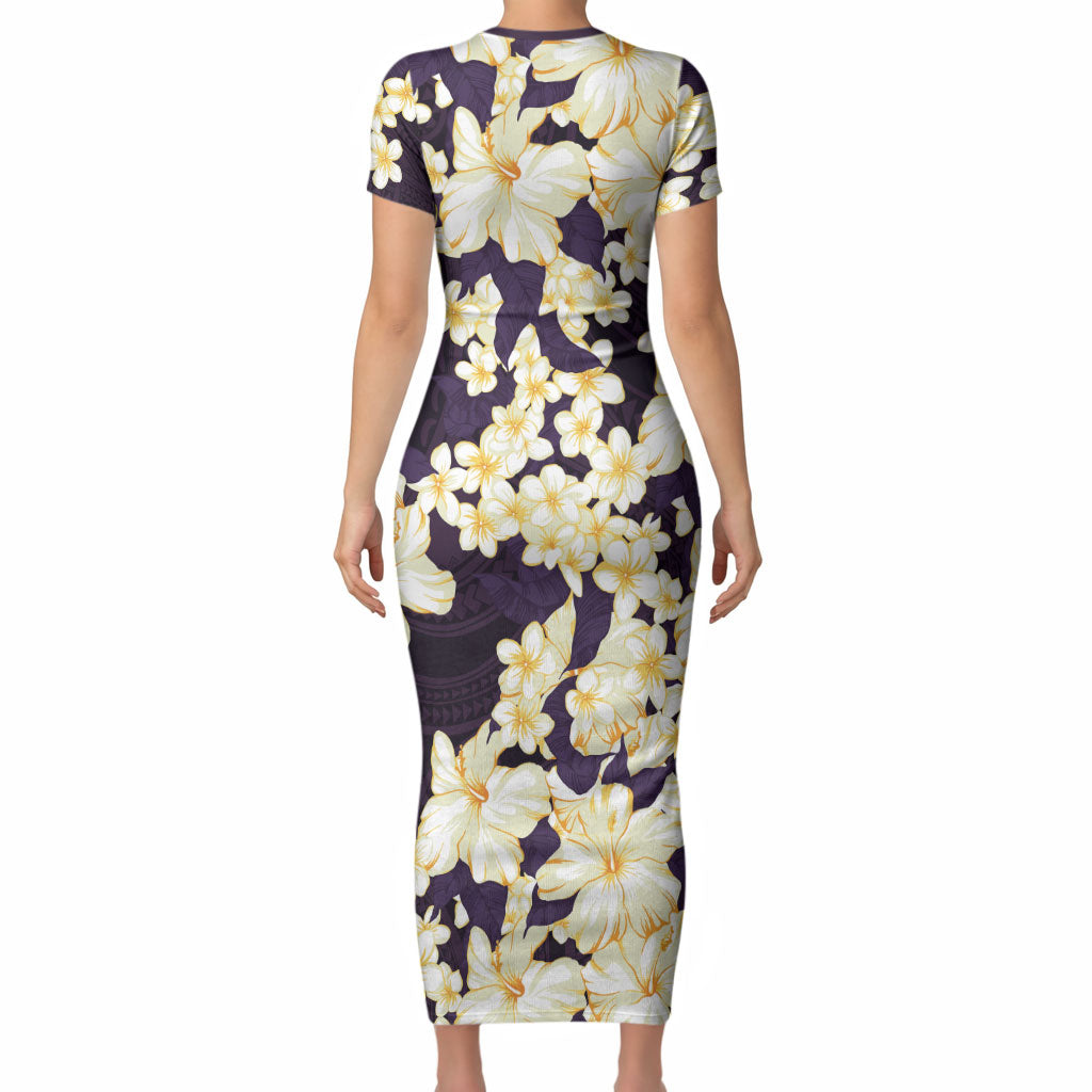 Hawaii Hibiscus Plumeria Purple Short Sleeve Bodycon Dress Polynesian Pattern LT01 - Polynesian Pride