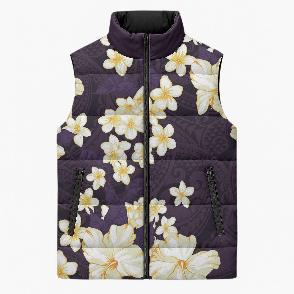 Hawaii Hibiscus Plumeria Purple Sleeveless Puffer Jacket Polynesian Pattern LT01 Unisex Purple - Polynesian Pride