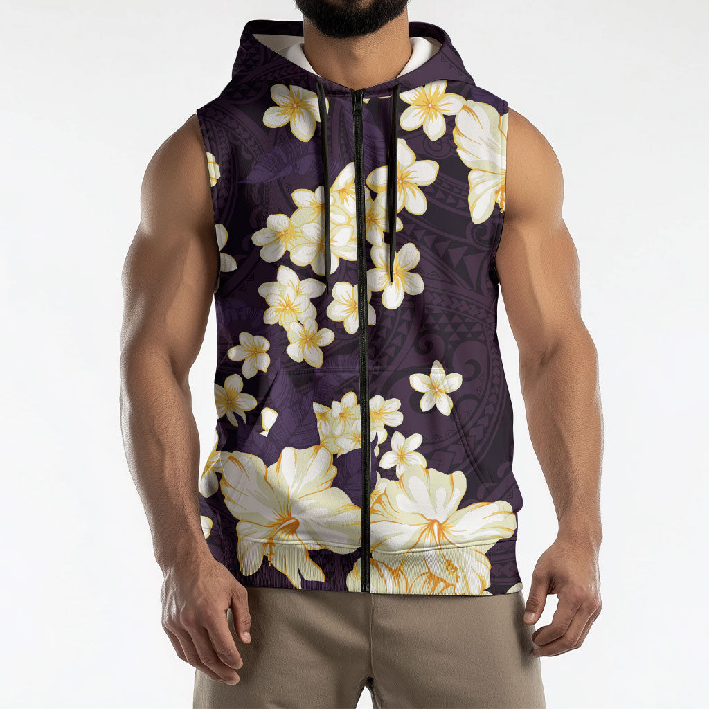 Hawaii Hibiscus Plumeria Purple Sleeveless Zip Hoodie Polynesian Pattern LT01 - Polynesian Pride