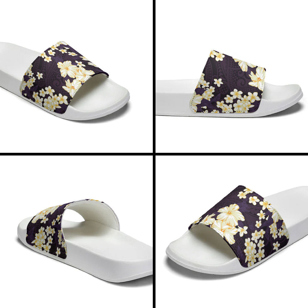 Hawaii Hibiscus Plumeria Purple Slide Sandals Polynesian Pattern LT01 - Polynesian Pride