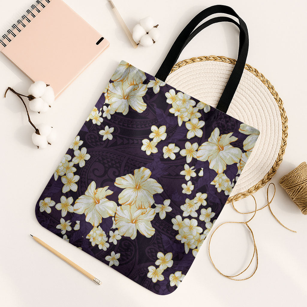 Hawaii Hibiscus Plumeria Purple Tote Bag Polynesian Pattern LT01 Black Strap One Size Purple - Polynesian Pride