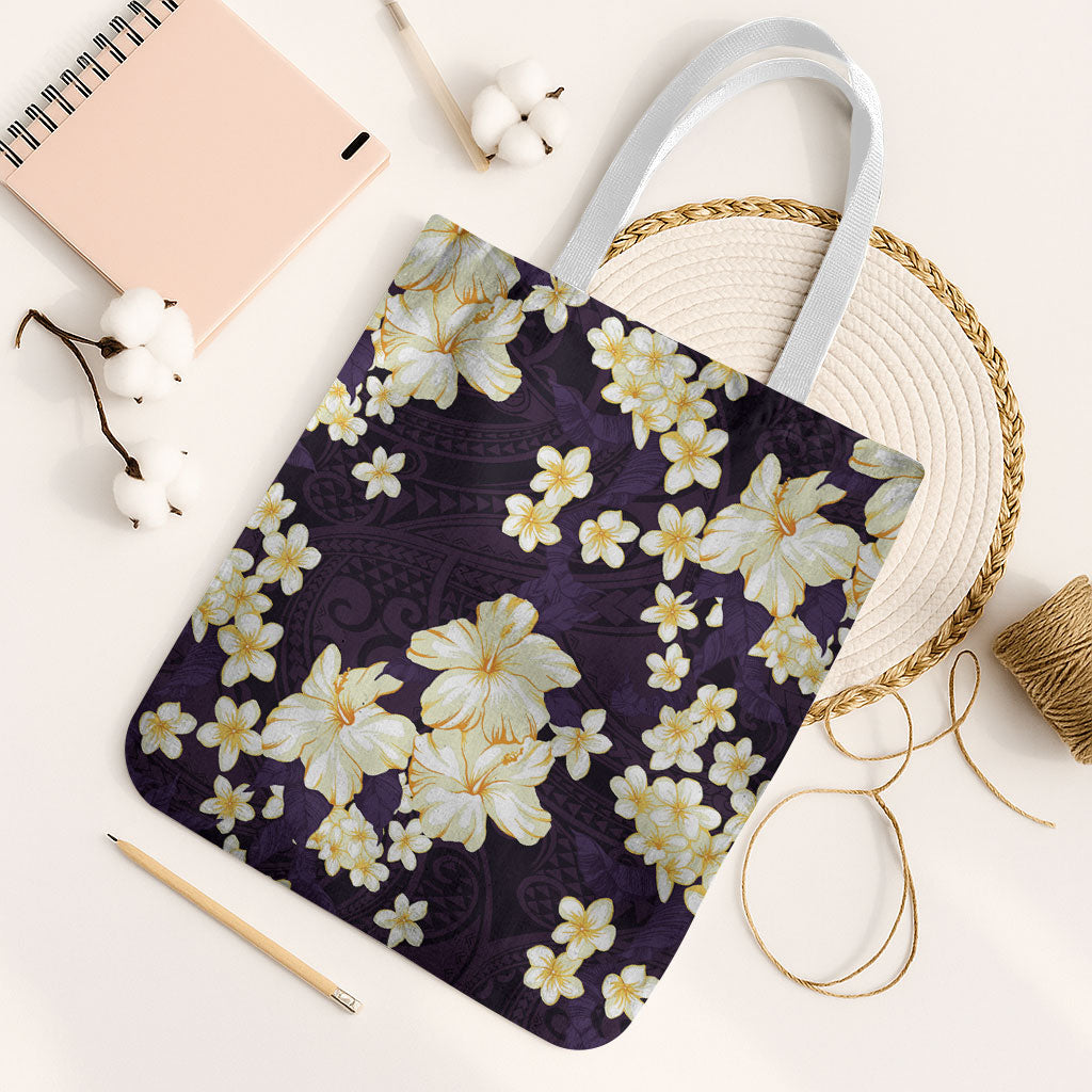 Hawaii Hibiscus Plumeria Purple Tote Bag Polynesian Pattern LT01 White Strap One Size Purple - Polynesian Pride